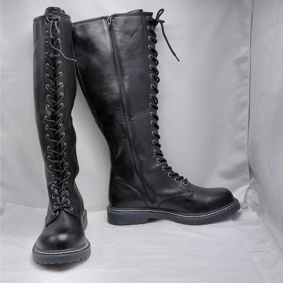 Wild Pair Womens Combat Boot Size 9.5 Black Knee High Lace Up Lug Sole Goth Moto - Picture 2 of 12